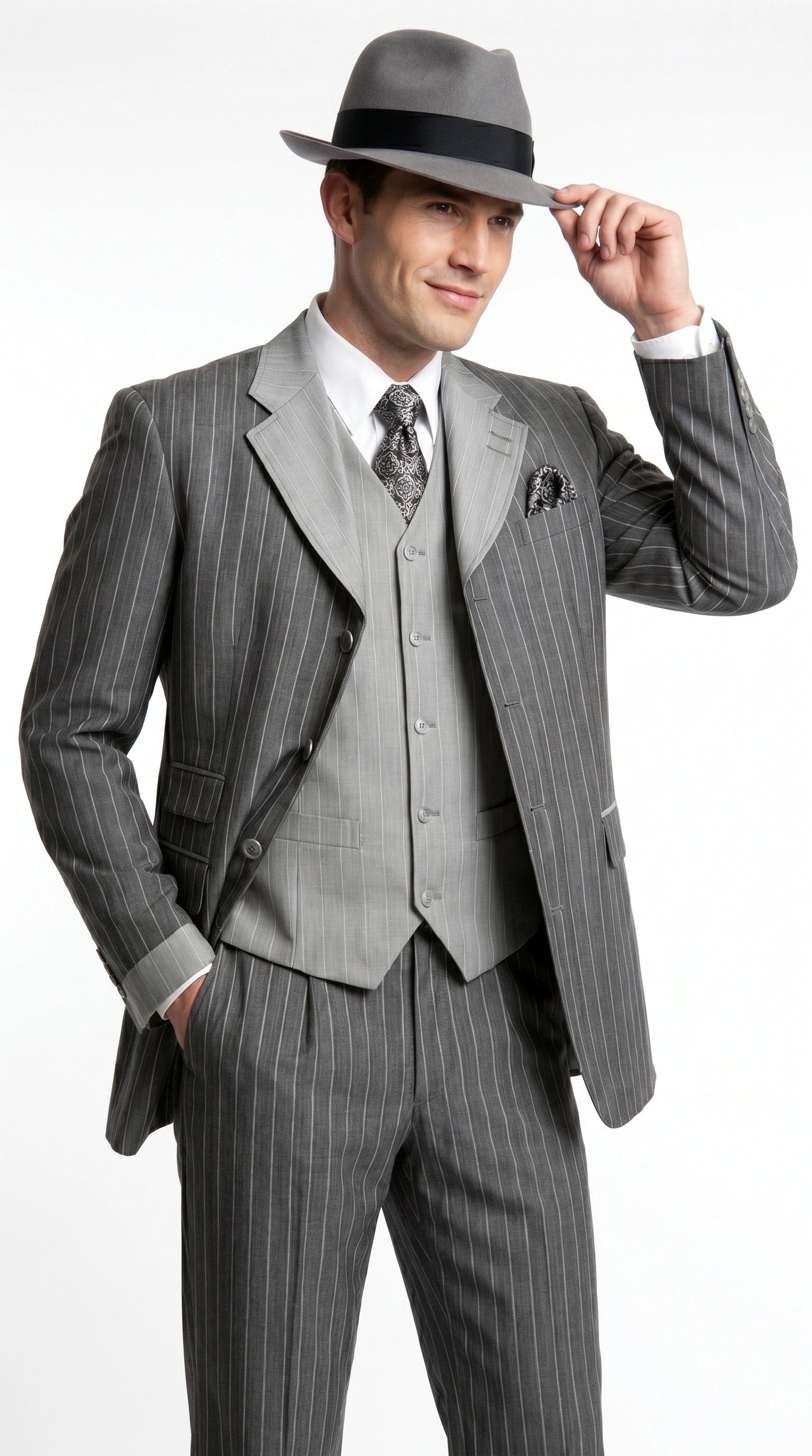Men’s Grey Pinstripe 1920s Gangster 3 Piece Suit, Contrast Lapel Vintage Formal Suit for Parties, Prom, Weddings, and Theme Events - 34 Short or Extra Small