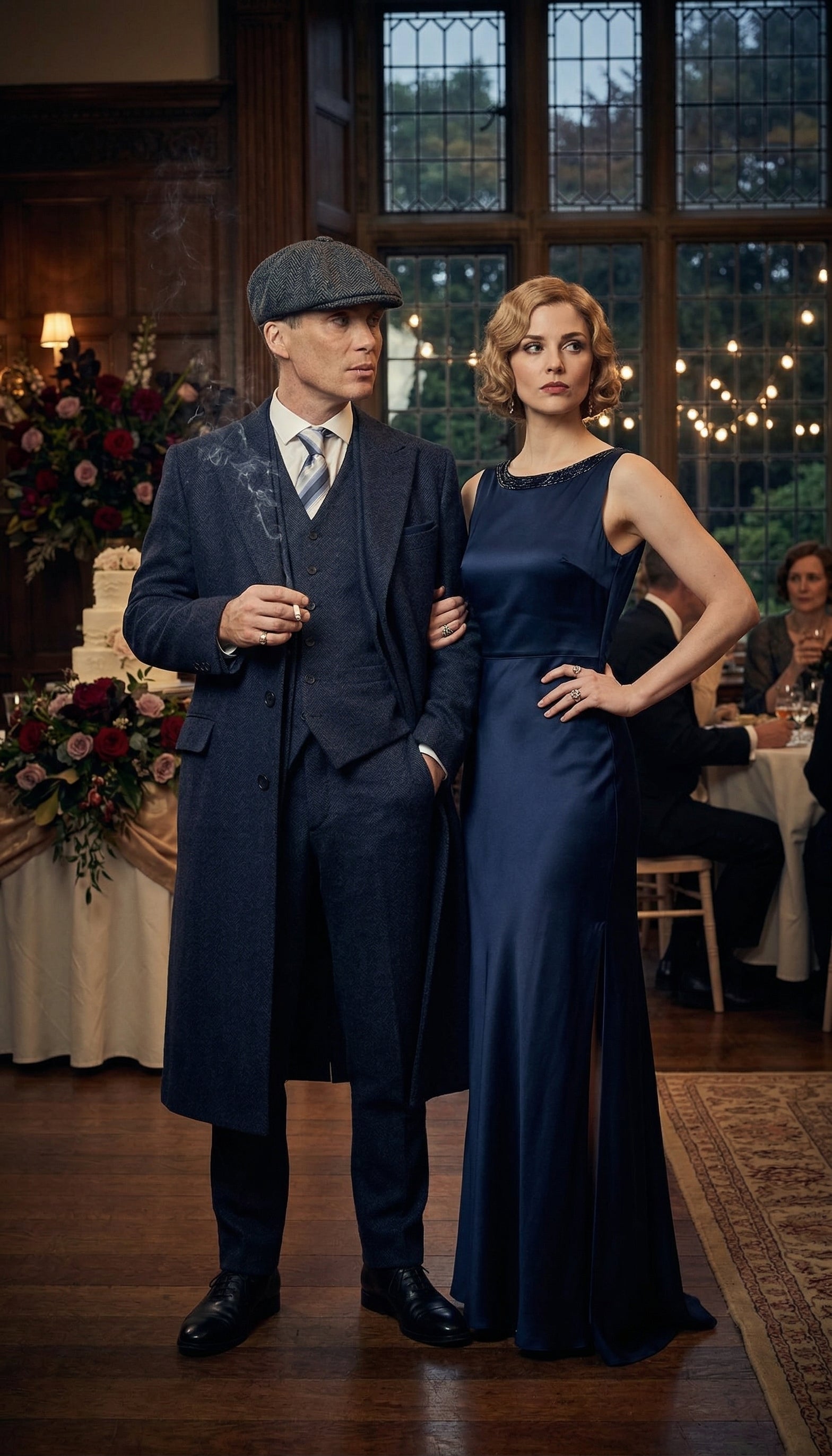 Men’s Navy Blue Herringbone Tweed  1920s 3 Piece Suit with Overcoat – Vintage Peaky Blinder Style Formal Suit Set with Blazer, Waistcoat + Overcoat + Hat - Navy Blue