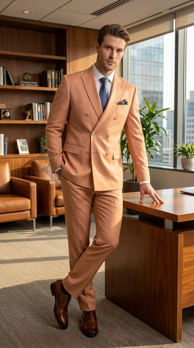 Men’s Peach Double Breasted Suit – Wedding & Prom Formal Suit Set, Classic Blazer and Pants Slim Fitted - 34 Short or Extra Small