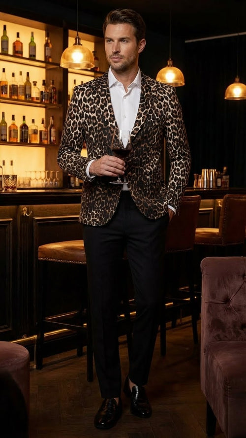 Mens Leopard Print Blazer Slim Fit Statement Jacket for Evening, Party, and Fashion Wear