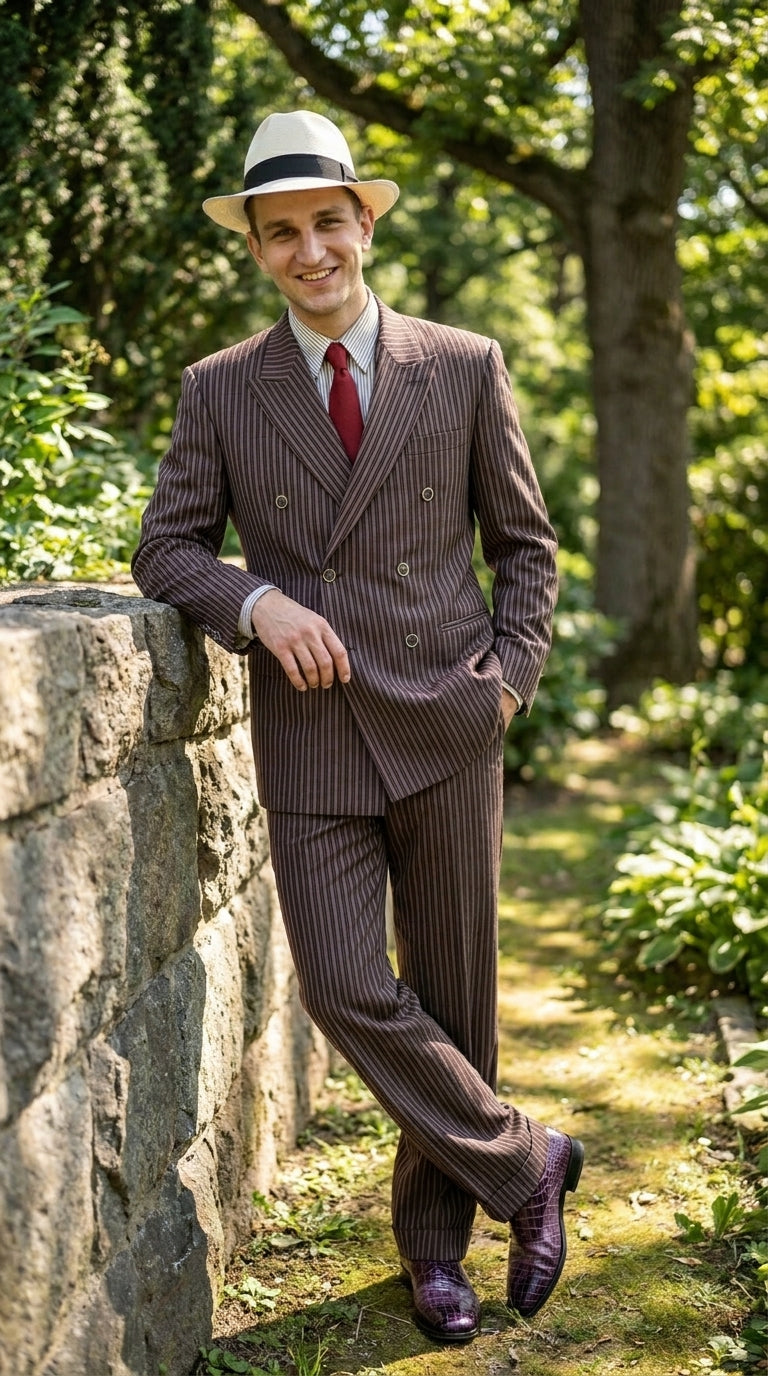 Men’s Brown Pinstripe Bonnie and Clyde Costume Suit – Vintage Gangster 1920s Outfit for Party, Halloween and Themed Events - 34 Short or Extra Small
