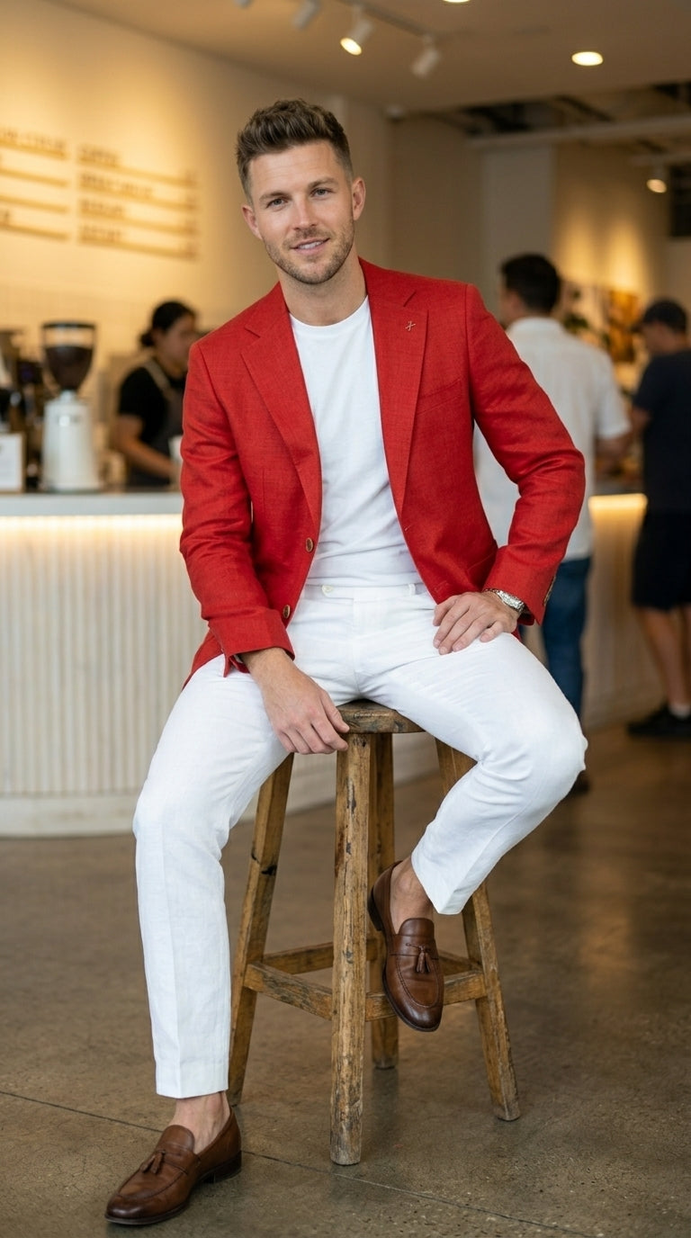 Men’s Red Linen Blazer, Lightweight Business Casual Wedding Sport Coat Jacket - 36 Short