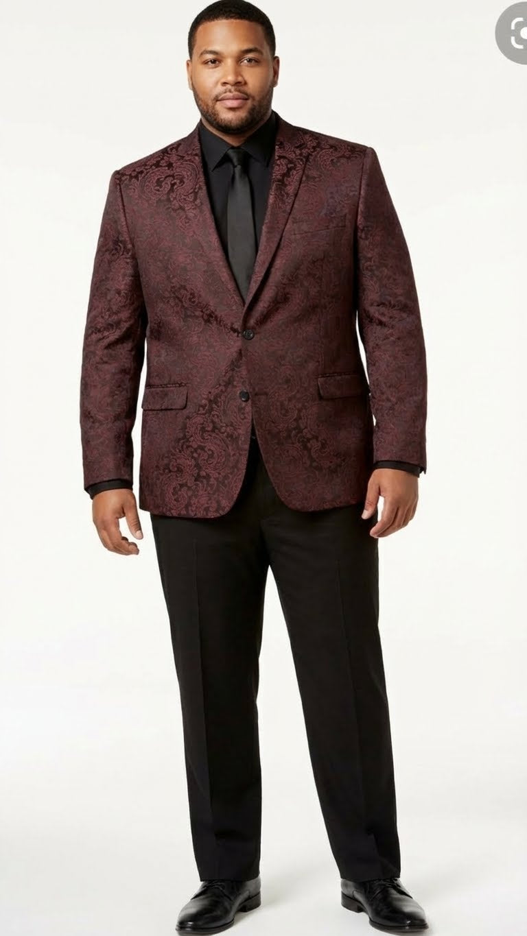 Men’s Burgundy Paisley Blazer Sport Coat – Velvet Dinner Jacket floral in Maroon Wine Color Ultra Slim Fit Smoking Jacket - 36 Short
