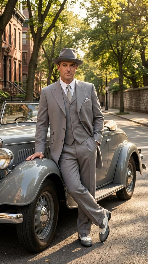 Mens Gray Zoot Suit with Matching Hat and 1920s Shoes | Grey Vintage Wedding and Party Three Piece Suit