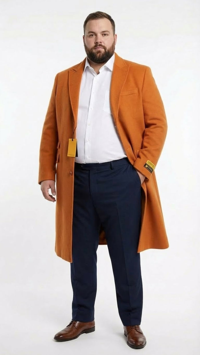 Mens Orange - Rust Wool Blend Long Overcoat Topcoat Carcoat Topcoat