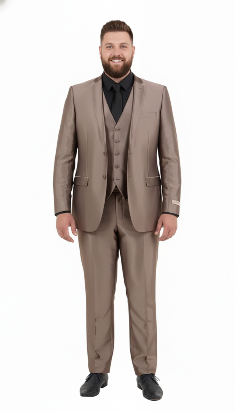 Menâ€™s Sateen Shiny Metallic Mocca Taupe Gold Bronze 3-Piece Suit Set â€“ Shiny Finish slim Fit Formal and Party Suit - 34 Short or Extra Small