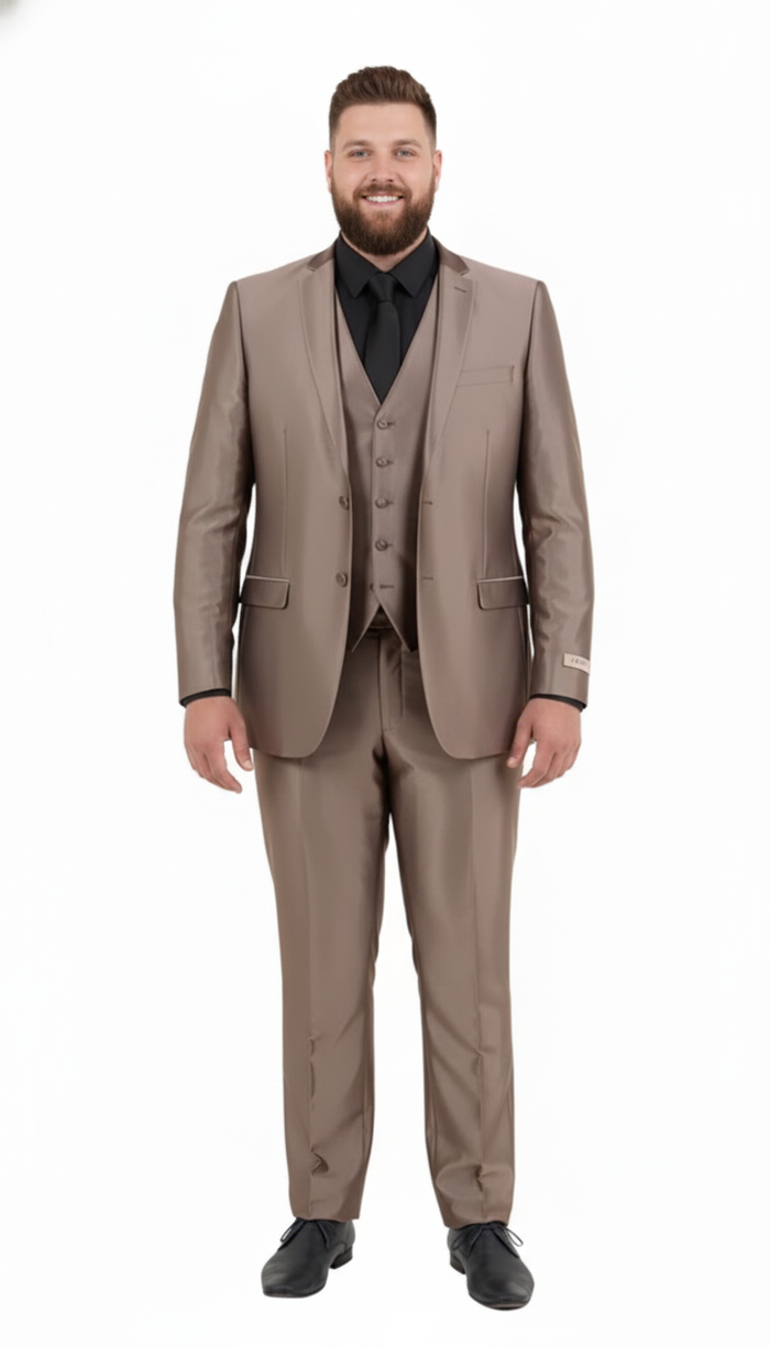 Mens Sateen Shiny Metallic Mocca Taupe Gold Bronze 3-Piece Suit Set Shiny Finish slim Fit Formal and Party Suit