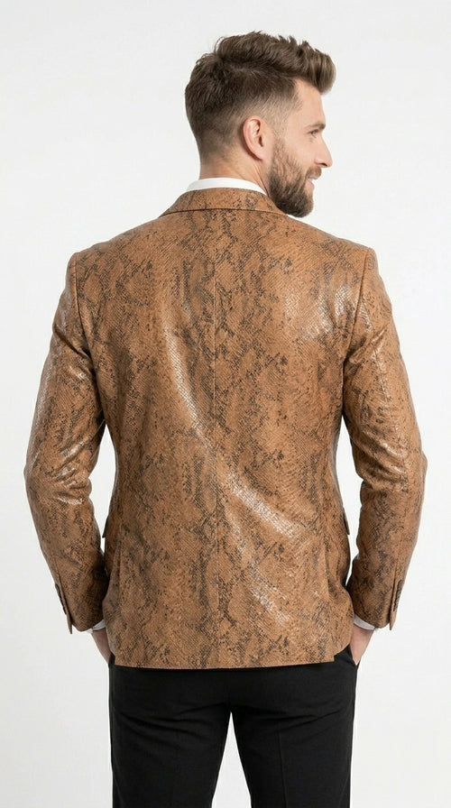 Men’s Tan Snakeskin Print Blazer, Brown Sport Coat Camel Alligator Crocodile Animal Print leopard Jacket