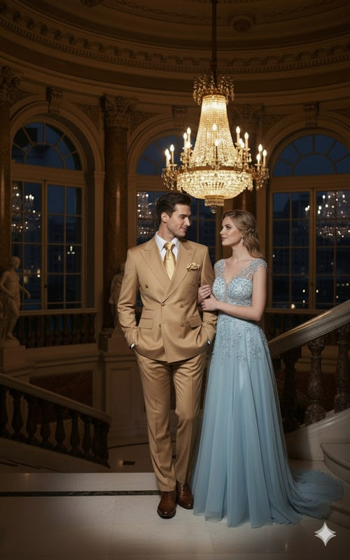 Mens Camel - Bronze - Goldish khaki Double-Breasted Suit Luxury 2-Piece Formal Set with Gold Buttons and Peak Lapels by Rossi Man