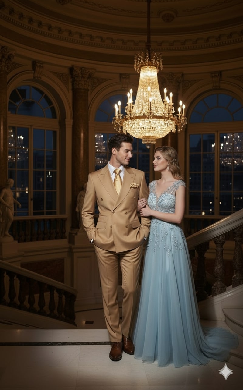 Mens Camel - Bronze - Goldish khaki Double-Breasted Suit – Luxury 2-Piece Formal Set with Gold Buttons and Peak Lapels by Rossi Man - 34 Short or Extra Small