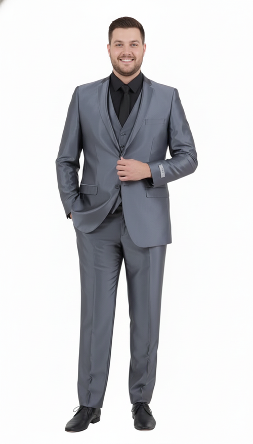 Mens Dark Grey Shiny Two-Piece Suit Slim Fitted Formal Jacket and Tailored Pants - Sateen Metalic in Charcoal Gray Color