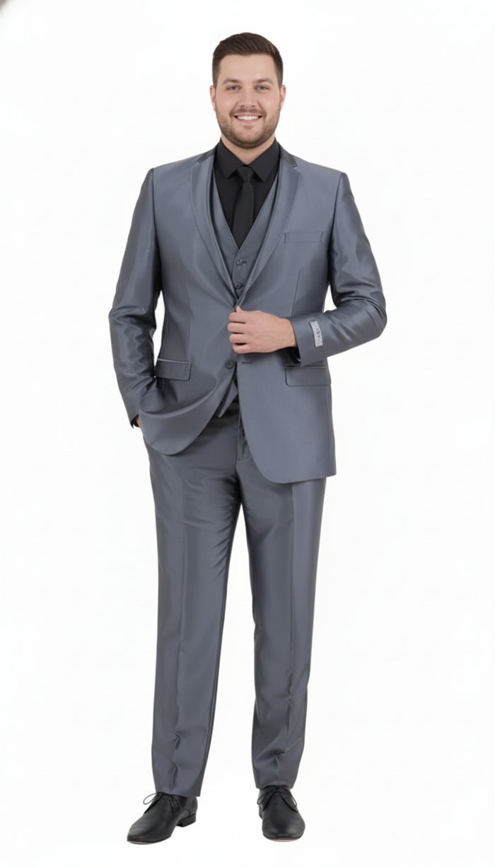 Mens Dark Grey Shiny Two-Piece Suit Slim Fitted Formal Jacket and Tailored Pants - Sateen Metalic in Charcoal Gray Color