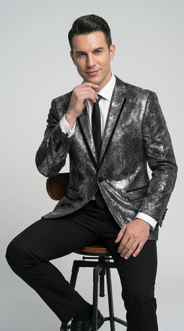Men’s Black and Charcoal Gray Snakeskin Print Blazer, Animial Exotic Skin Alligator Crocodile Texture - 36 Short