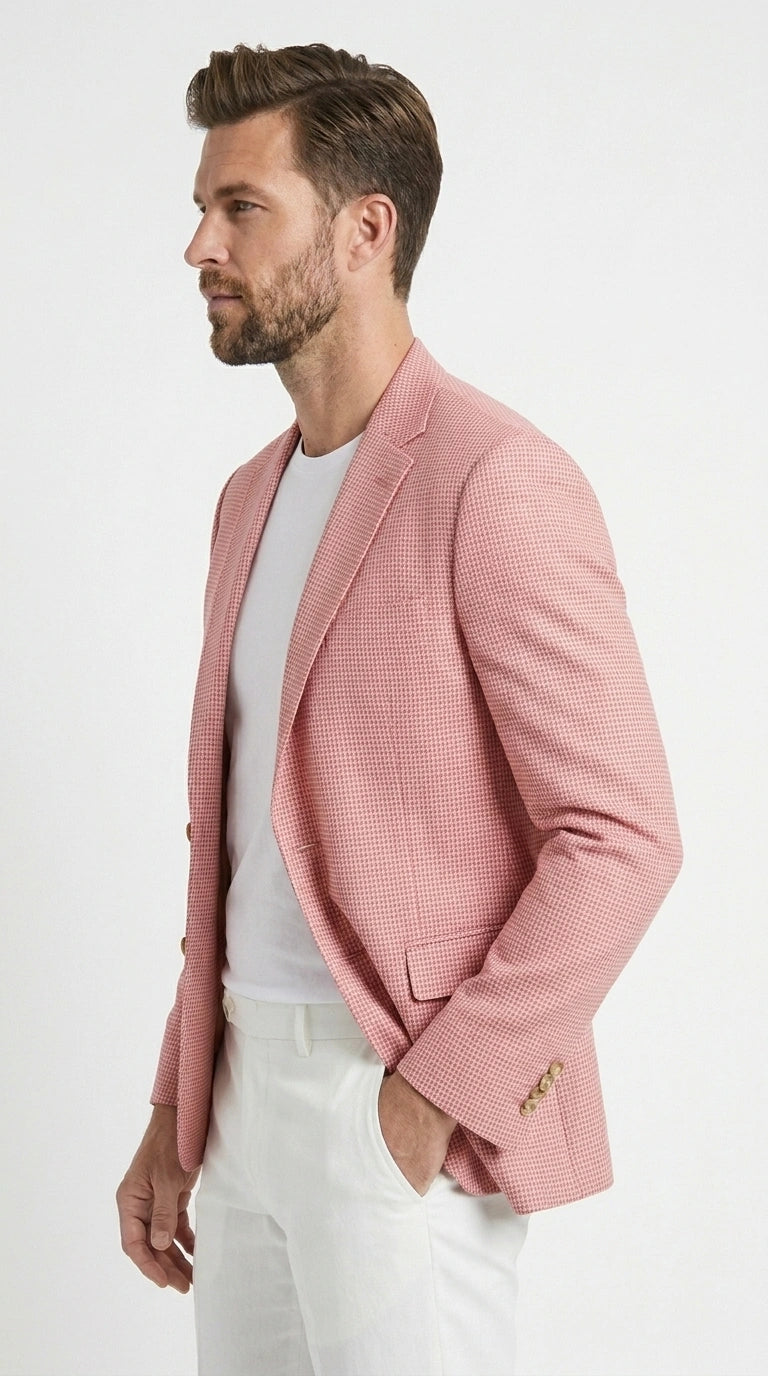 Men’s Red and white Houndstooth Summer Blazer, Lightweight Check Sport Coat for Weddings, Prom, Parties - 36 Short