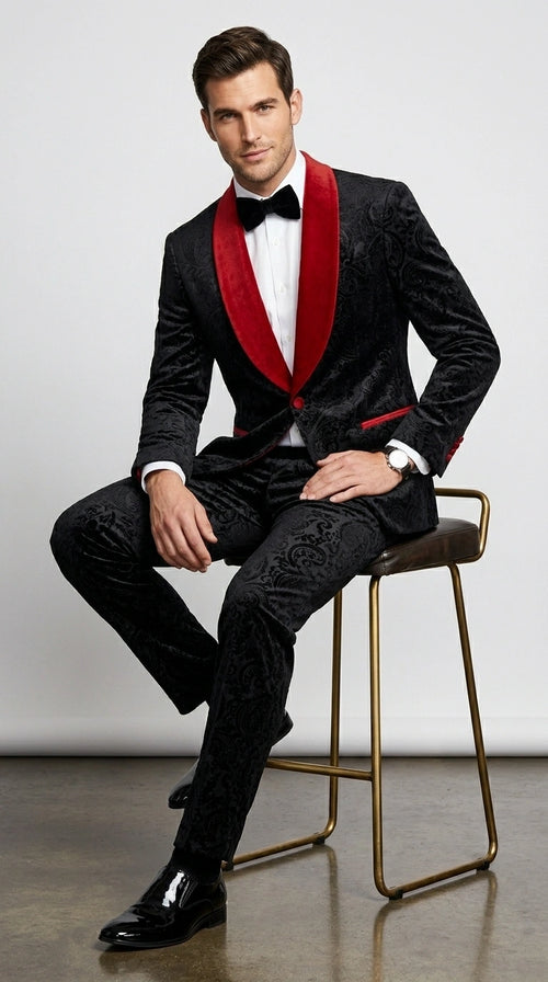 Men’s Black Paisley 2 Piece Suit with Red Shawl Lapel, Formal Wedding Prom Party Suit Set