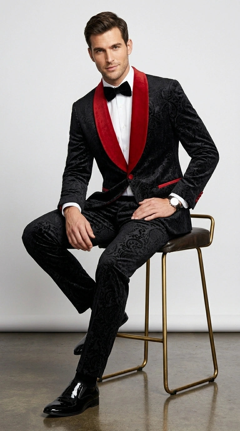 Men’s Black Paisley 2 Piece Suit with Red Shawl Lapel, Formal Wedding Prom Party Suit Set - 34 Short or Extra Small