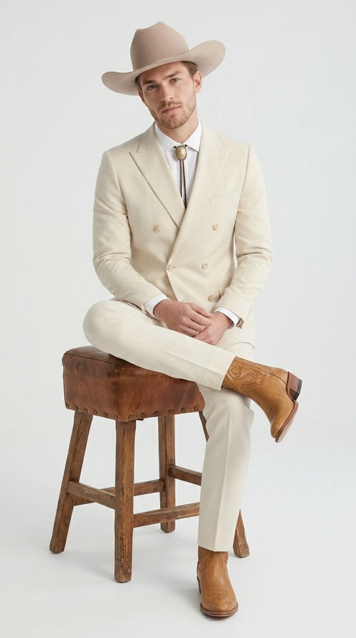 Men’s Tan Linen Cowboy Suit, Double Breasted Western Wedding Formal Western Suit Country style in Beige Tan Color