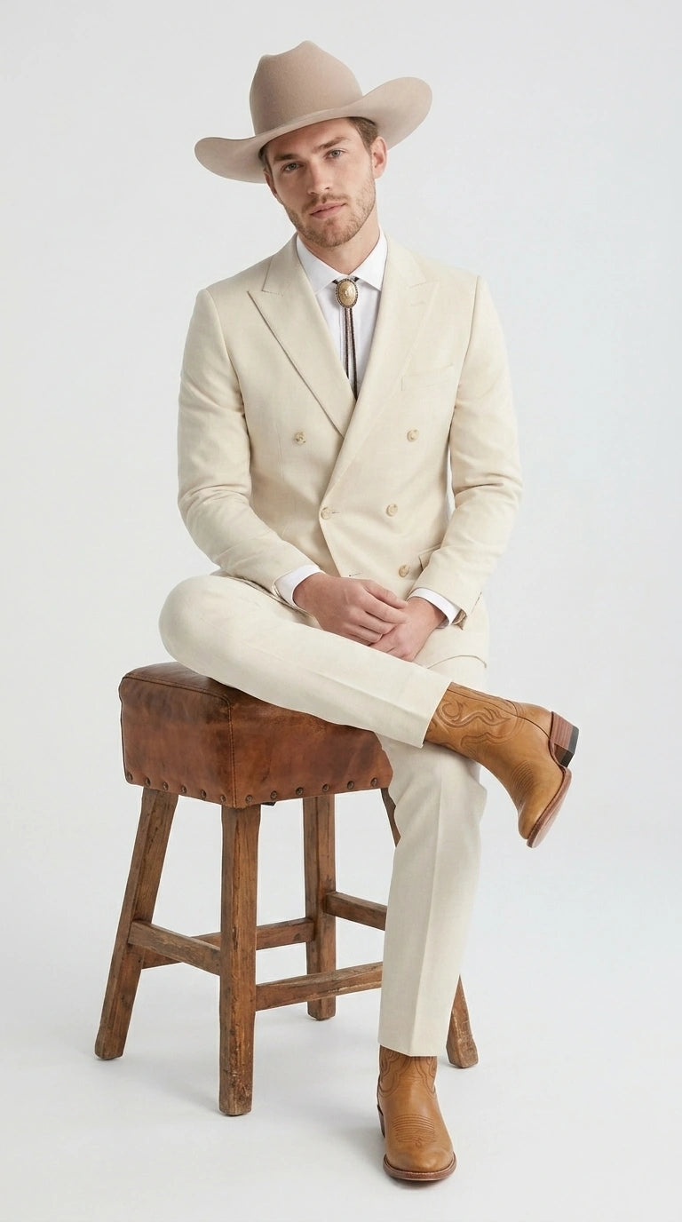 Men’s Tan Linen Cowboy Suit, Double Breasted Western Wedding Formal Western Suit Country style in Beige Tan Color - 34 Short or Extra Small
