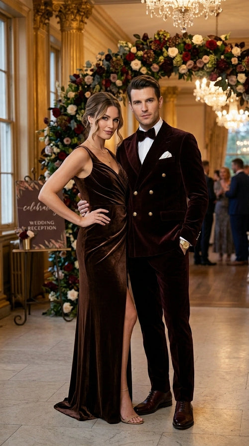 Men’s Dark Brown Velvet Blazer and Pants 2 Piece Suit, Double Breasted Formal Dinner Suit for Weddings, Prom