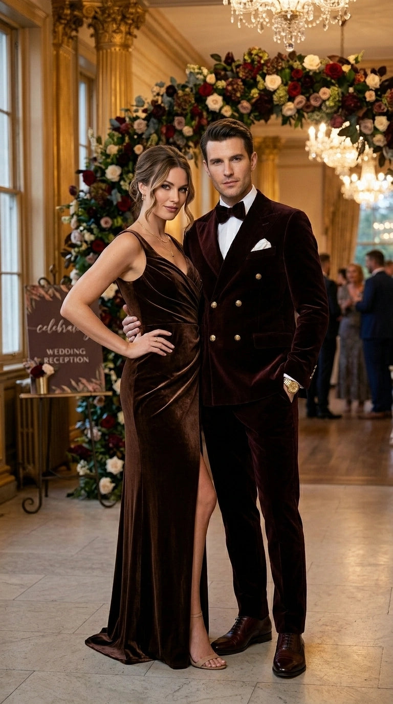 Men’s Dark Brown Velvet Blazer and Pants 2 Piece Suit, Double Breasted Formal Dinner Suit for Weddings, Prom - 34 Short or Extra Small