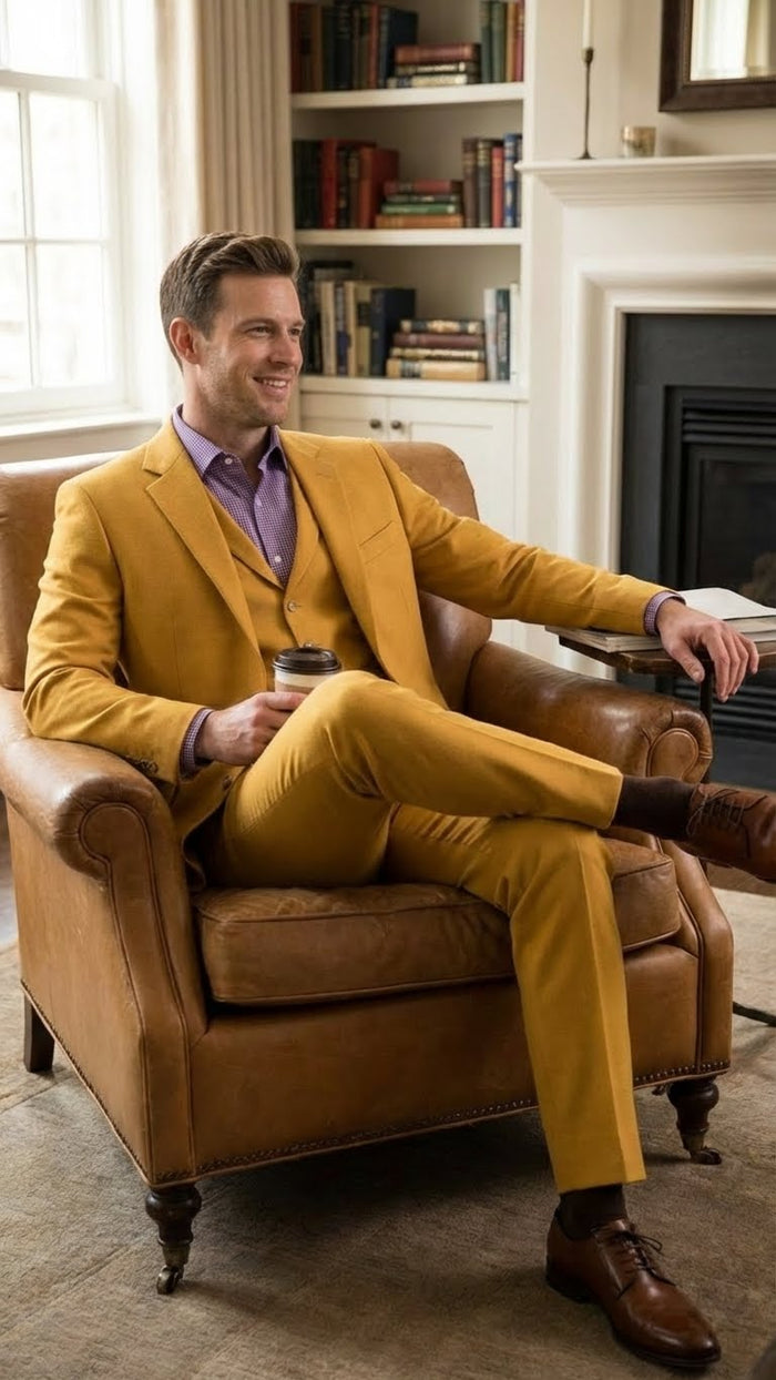 Mens Mustard Yellow Three Piece Suit | 2 Button Notch Lapel Modern Fit in Gold Color - Church Suit