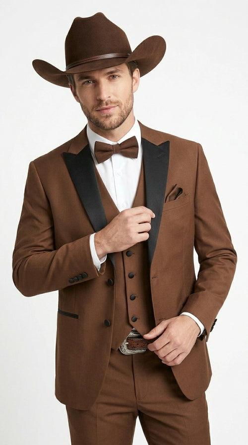 Men’s Light Brown Western Tuxedo 3 Piece Suit with Black  Collar Lapel, Country Look Cowboy Suit
