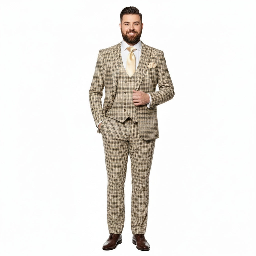 Men’s Beige and Navy Check 3-Piece Suit Set – Premium Tailored Fit Formal Wedding and Business Suit By Rossiman - 34 Short or Extra Small