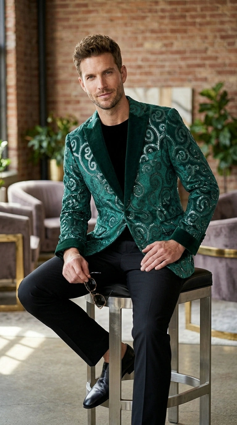 Men’s Emerald Green Paisley Tuxedo Dinner Jacket with Black Lapel, Formal Prom Wedding Party Blazer - 34 Short or Extra Small