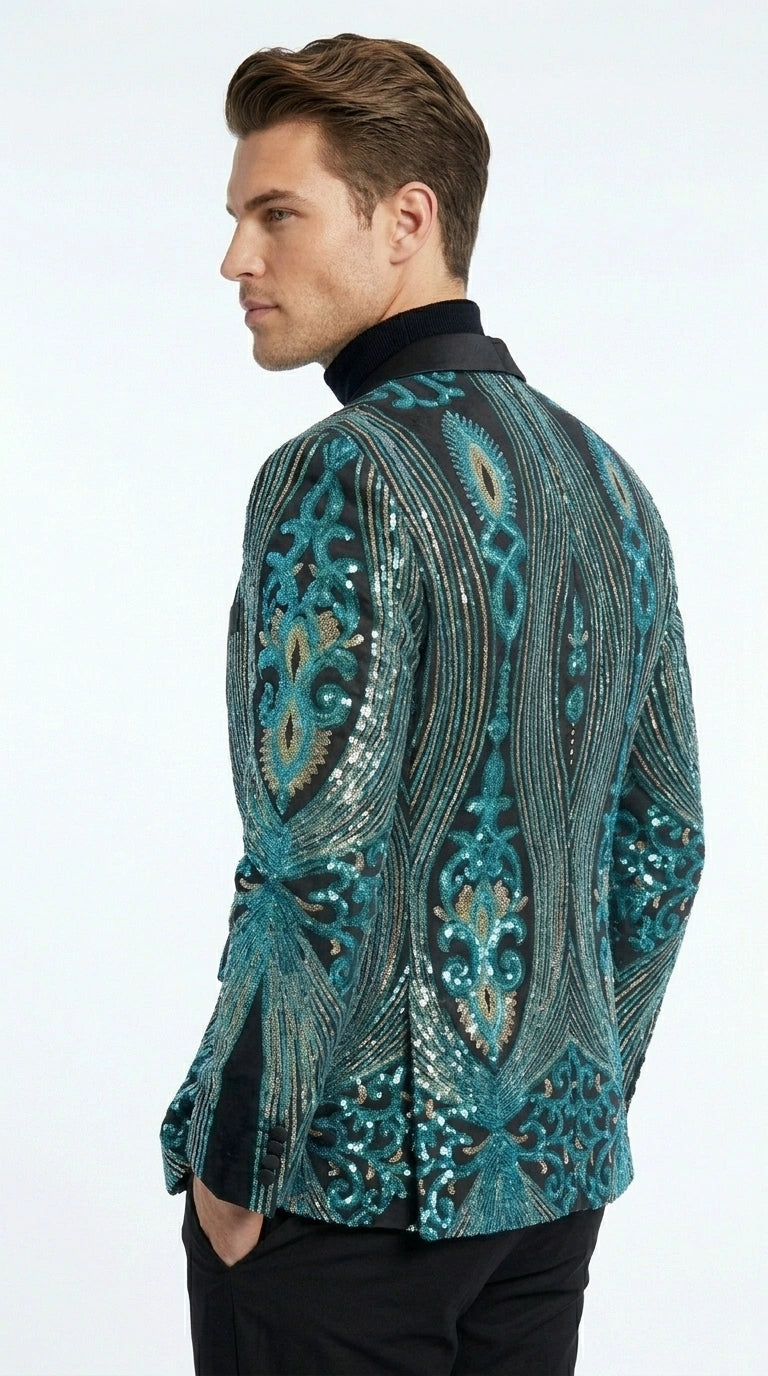 Men’s Black and Turquoise Blue With teal green Sequin Dinner Jacket, Formal Prom Wedding Paisley Floral Mardi Gra Pattern - 36 Short