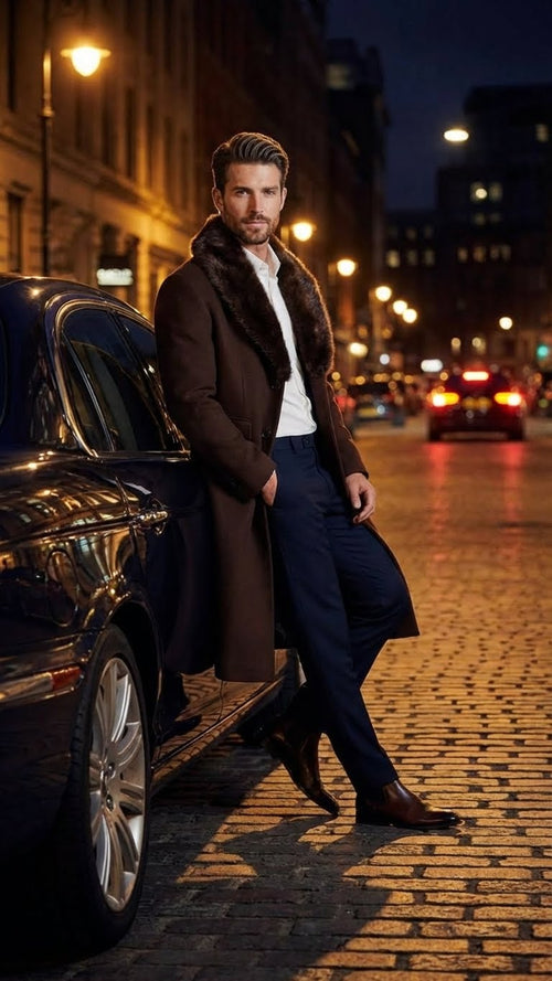Mens Brown Long Overcoat with Faux Fur Collar Classic Winter Formal Coat Three Quarter Carcoat Wool and Cashmere Fabric