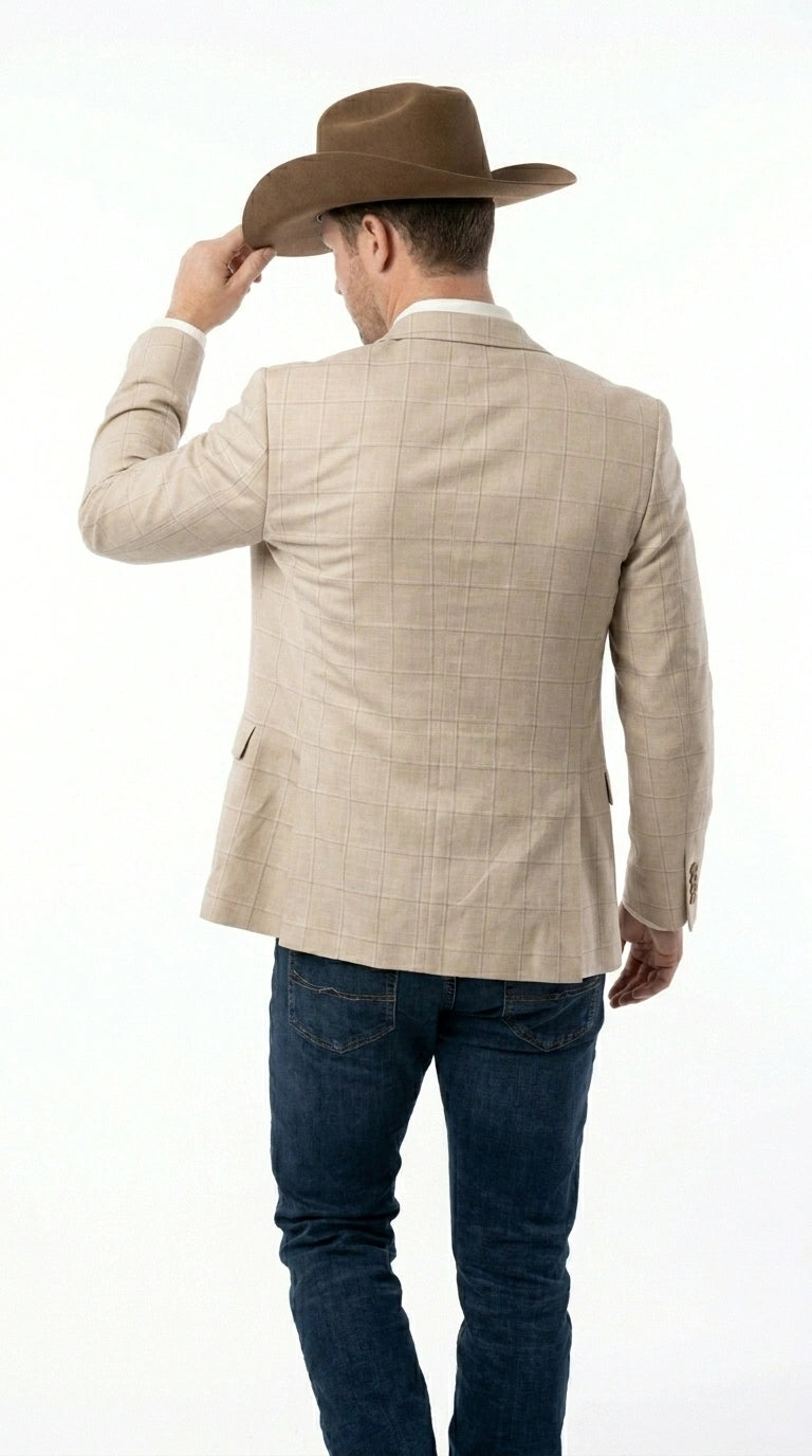 Men’s Cream Tan Beige Windowpane Plaid Western Blazer, Formal Cowboy Wedding Prom Sport Coat Jacket - 36 Short