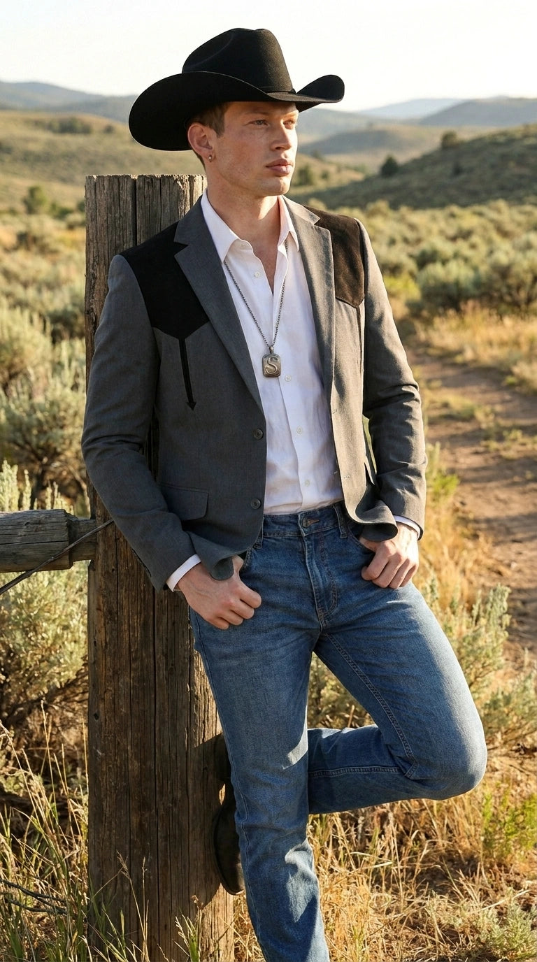 Men’s Dark Charcoal Western Blazer with Black Suede Yokes, Cowboy Sport Coat for Ranch Wedding and Country Events By Platini - 36 Short