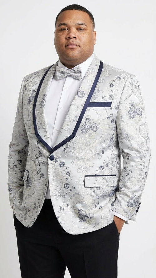 Mens White and Navy Blue Lapel  Floral Jacquard Blazer with Contrast Shawl Lapel Luxury Wedding and Party Wear Jacket paisley Tuxedo Navy Pants