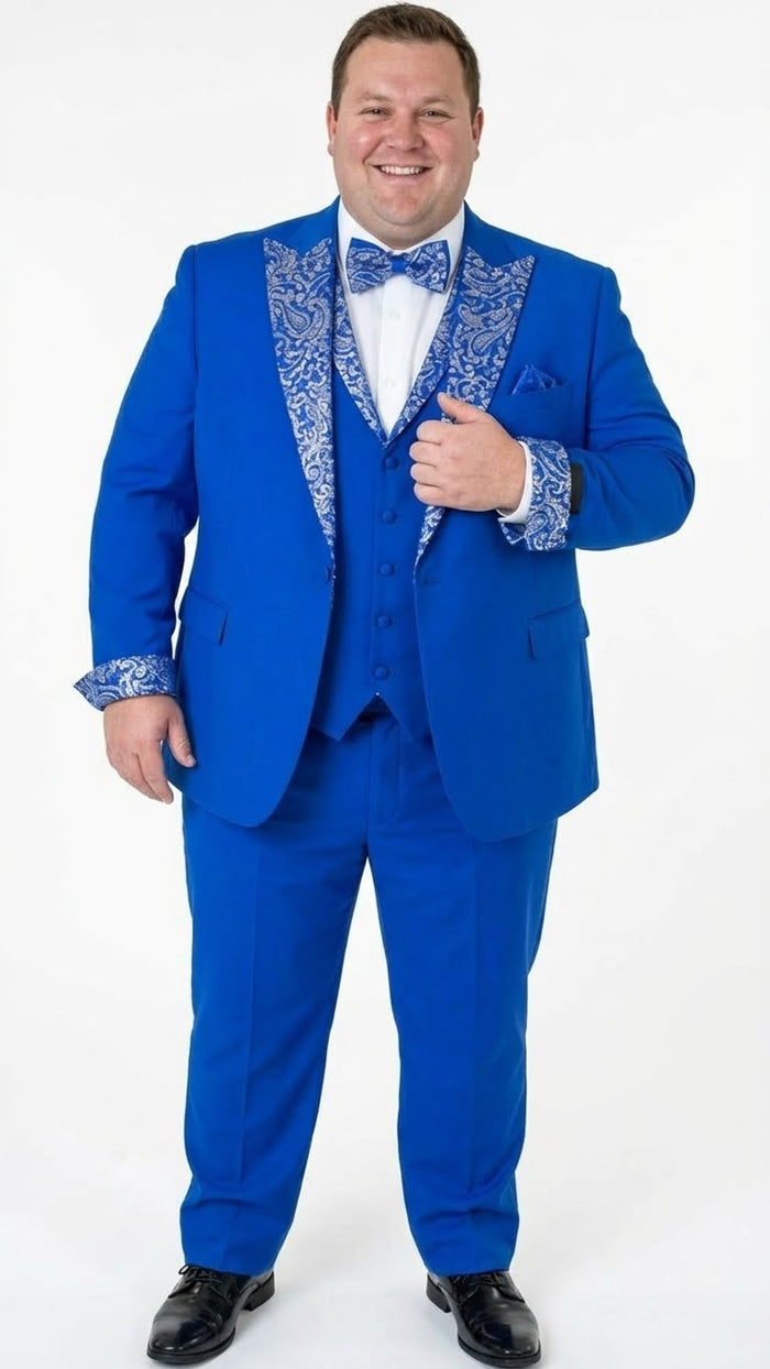 Mens Bright Royal Blue and White lapel  Embellished Tuxedo Suit 3-Piece Formal Wedding, Prom, and Gala Outfit