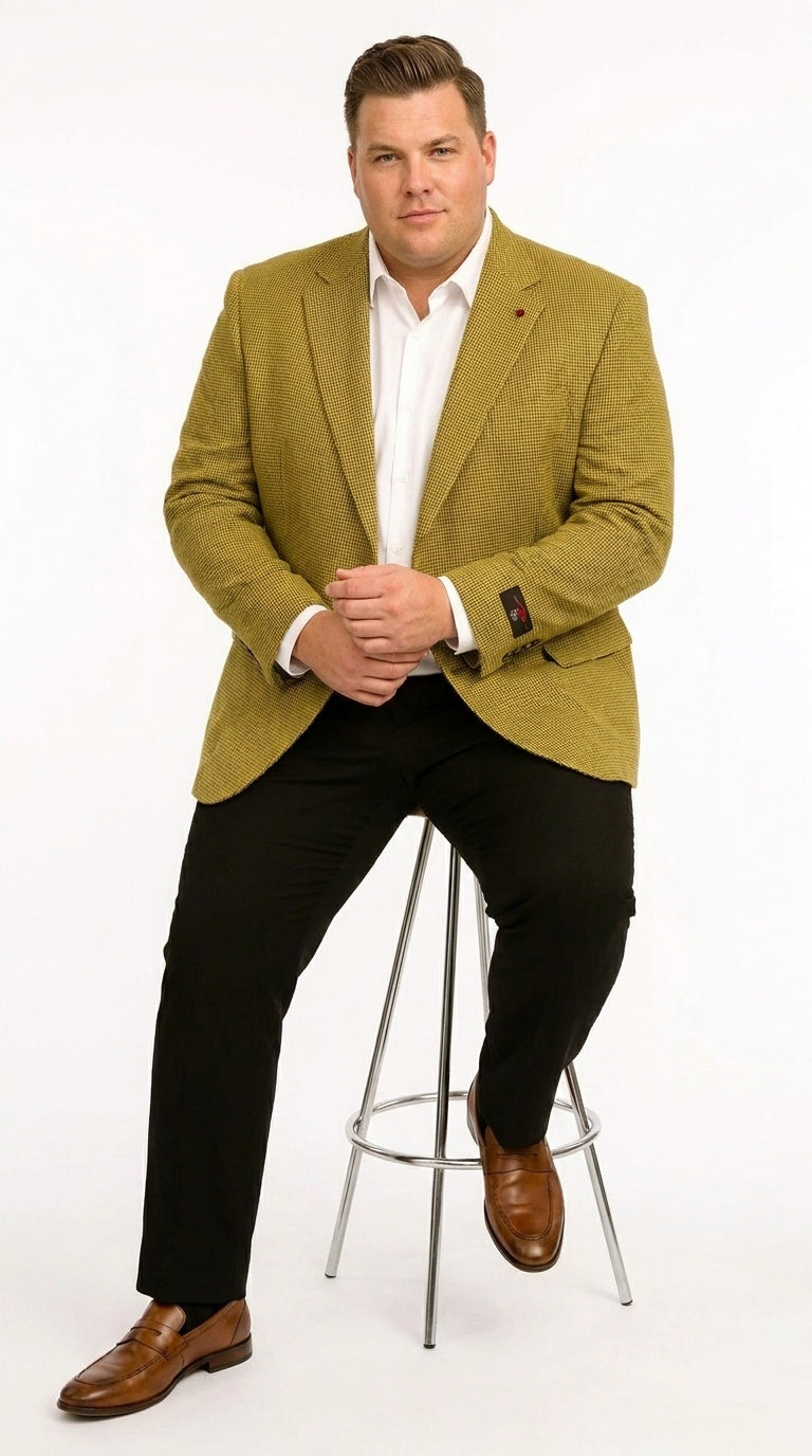 Men’s Mustard Gold Yellow Houndstooth Blazer Jacket, Check Pattern Formal Sport Coat for Weddings, Prom, Business 2 Buttons Modern Fit - 36 Short