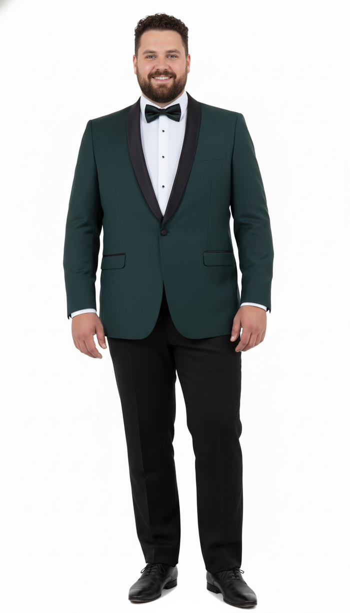 Mens Green Tuxedo Suit Slim Fit Jacket with Black Satin Shawl Lapel and Black Pants in Hunter Green