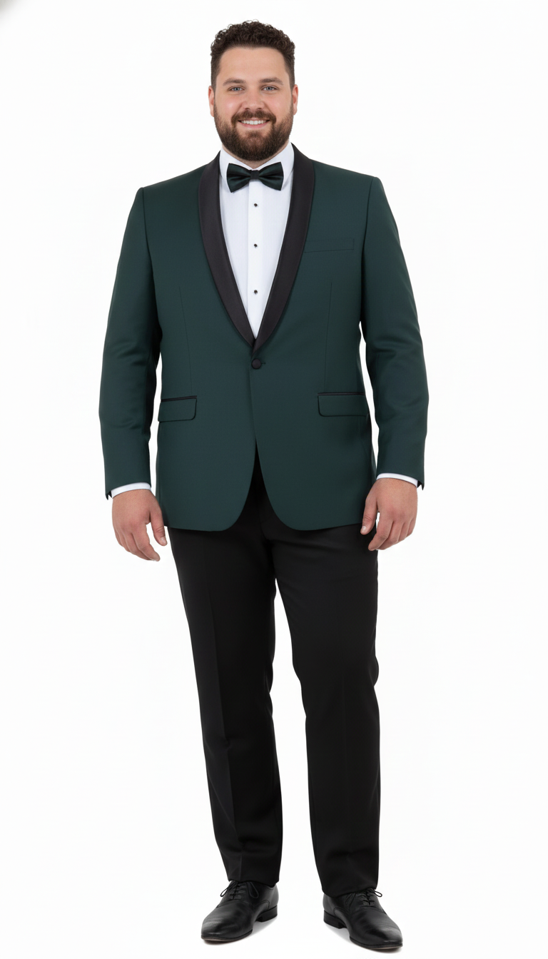 Men’s Green Tuxedo Suit – Slim Fit Jacket with Black Satin Shawl Lapel and Black Pants in Hunter Green - 34 Short or Extra Small