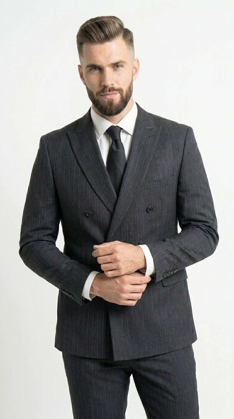 Men’s Black Pinstripe Double Breasted Suit – Classic Formal Business Suit Office and Evening Wear Modern Fit Conservative pattern - 34 Short or Extra Small
