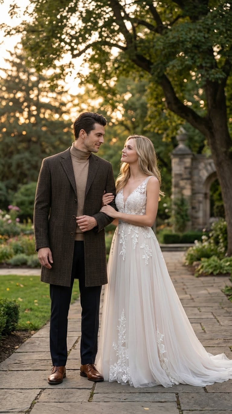 Men’s Brown Checkered Wool Overcoat – Long Winter Coat with Classic Plaid Pattern By Statement - Coat Size 38