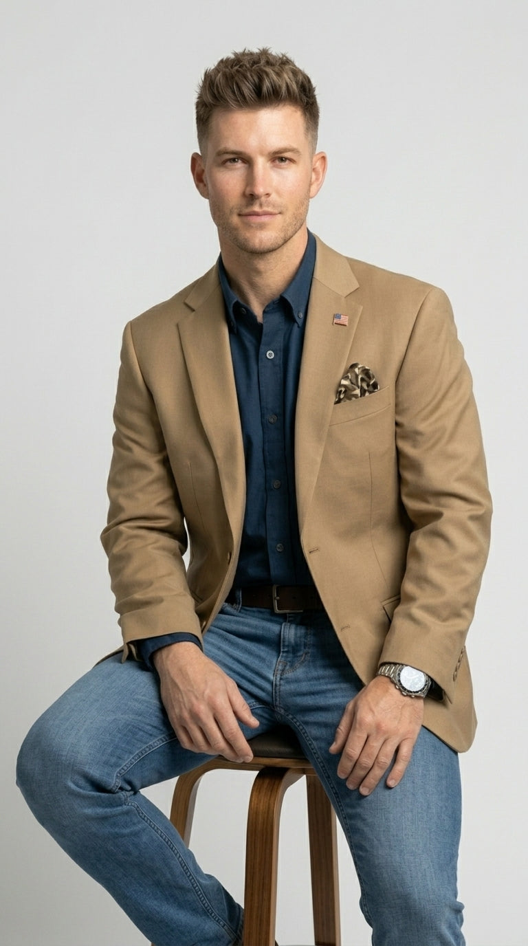 Mens Khaki Camel Bronze Taupe Blazer, Classic Business Casual Wedding Sport Coat Jacket in Tan Color - 36 Short