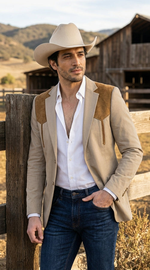 Men’s Khaki Western Blazer with Suede Yokes, Cowboy Sport Coat , Ranch and Country Events in Tan Khaki Color By Platini