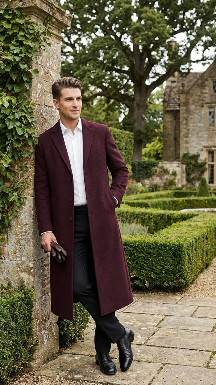 Mens Burgundy Long Coat Classic Fit Wool Blend Overcoat - Topcoat Full length