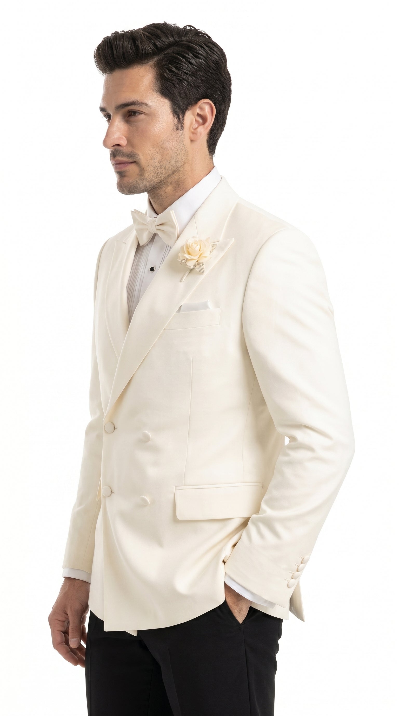 Men’s Ivory Double Breasted Dinner Jacket, Peak Lapel Formal Wedding Prom Tuxedo Blazer in cream off white color