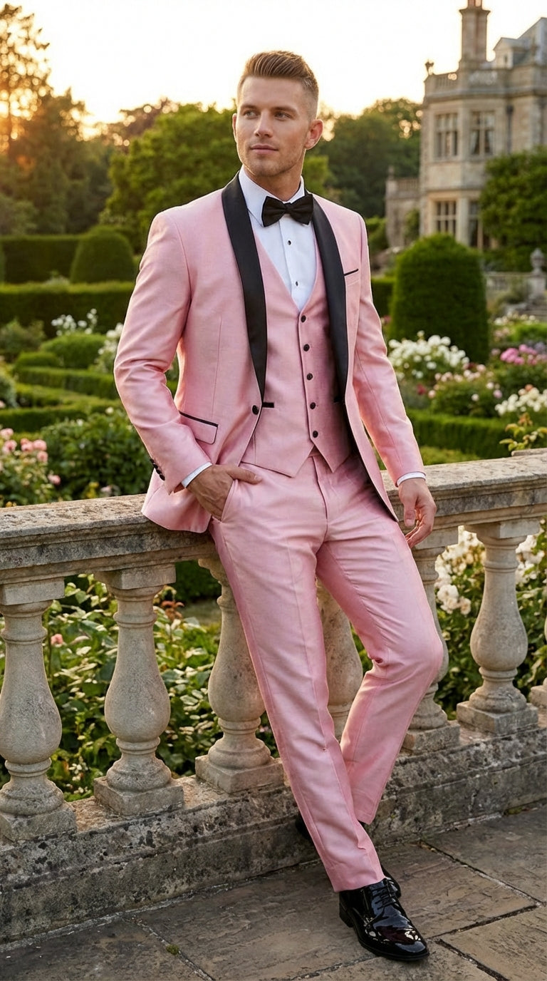 Men’s Blush Pink Shiny 3 Piece Suit with Black Shawl Lapel | Light Pink Prom Suit Sharkskin Fabric - Ultra Slim Fit - 34 Short or Extra Small