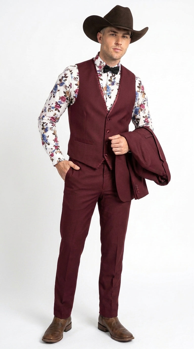 Men’s Burgundy Western Tuxedo Suit, 3 Piece Cowboy Formal Wedding Prom Suit with Satin Trim
