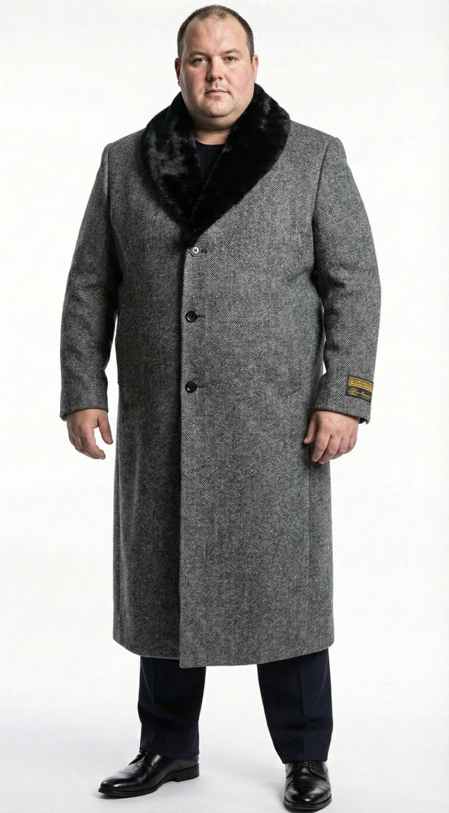 Men's Grey Herringbone Tweed Long Overcoat with Black Faux Fur Collar, Classic Winter Topcoat - Coat Size 36