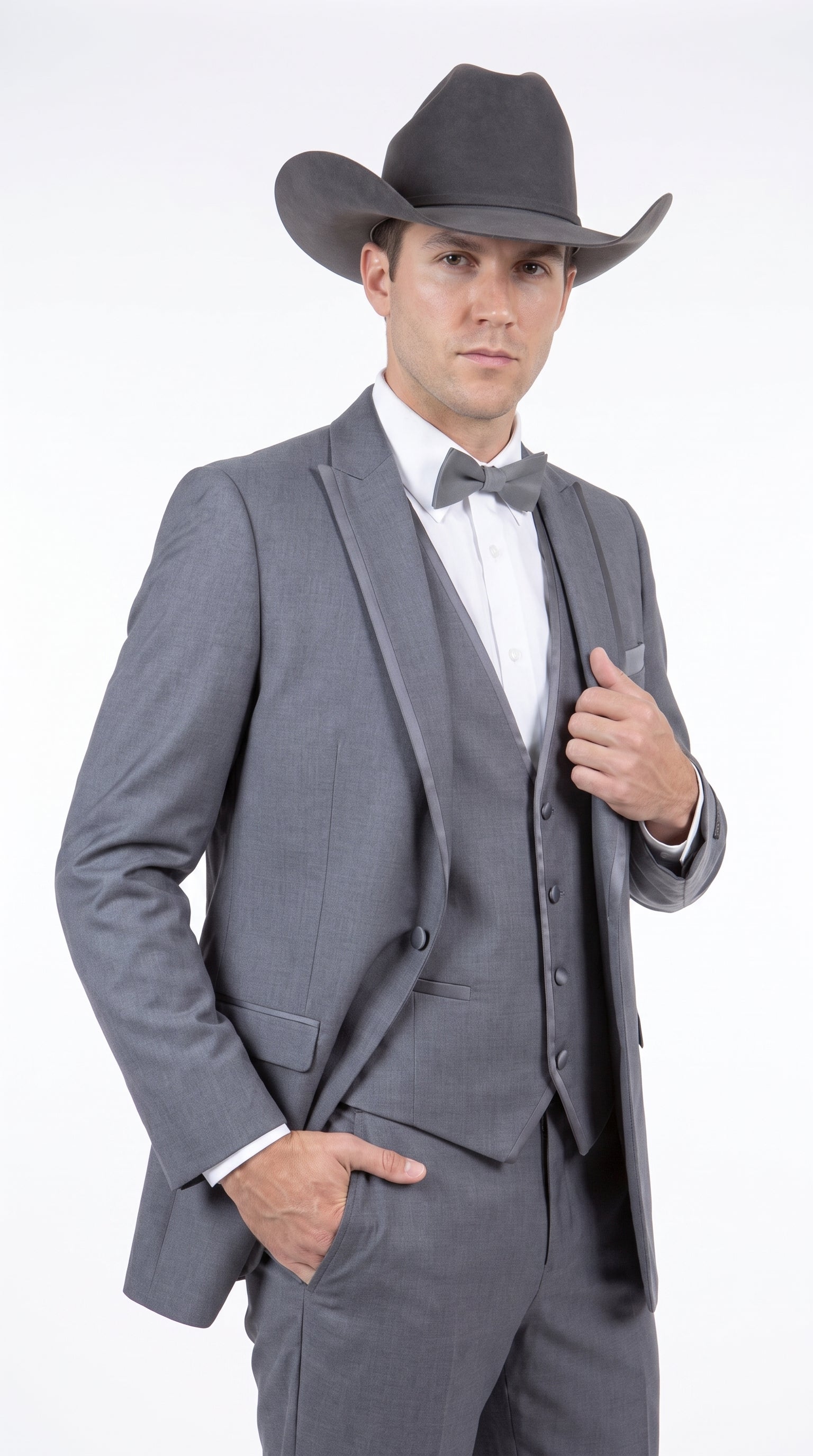 Men's Medium Grey Western 3-Piece Tuxedo Suit with Vest – Cowboy Style Formal Country Outfit - 34 Short or Extra Small