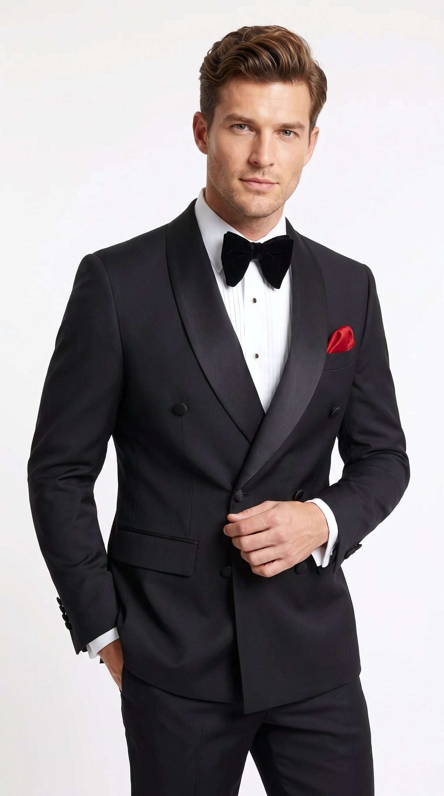 Men’s Black Double Breasted Evening Wear Suit with Satin Shawl Lapel and Red Pocket Square - 34 Short or Extra Small