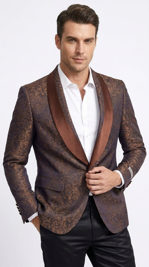 Men’s Light Brown Paisley Tuxedo Jacket, Wedding Prom Dinner Blazer with Satin Shawl Lapel