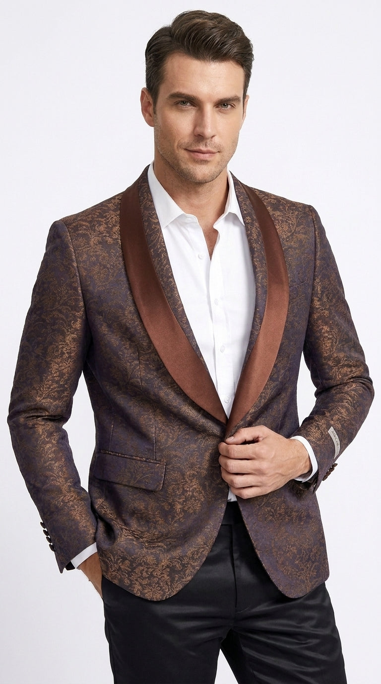 Men’s Light Brown Paisley Tuxedo Jacket, Wedding Prom Dinner Blazer with Satin Shawl Lapel - 36 Short